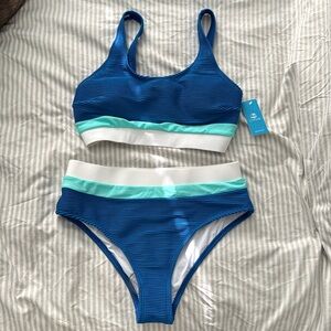 CUPSHE Sunny Blue Colorblock Bralette & Banded High Waist Bikini Set